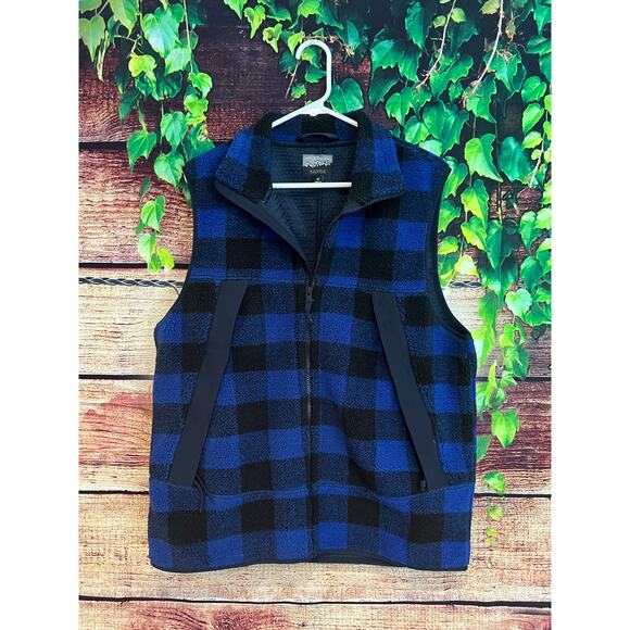 J Crew Nordic Sherpa Fleece Vest Terry Buffalo Check Blue Black Men's M (Fits L) - Picture 1 of 9